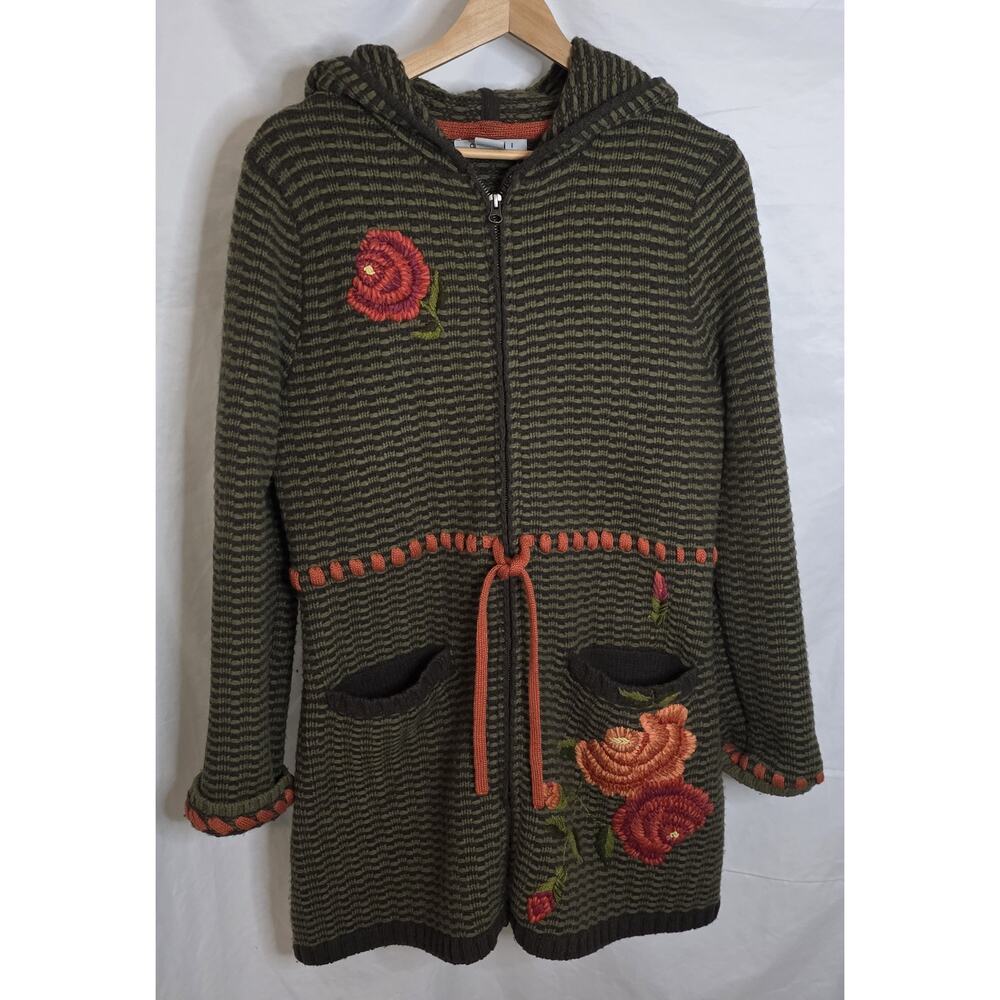 CAbi Hooded Wool Blend  Floral Cardigan Size Medium